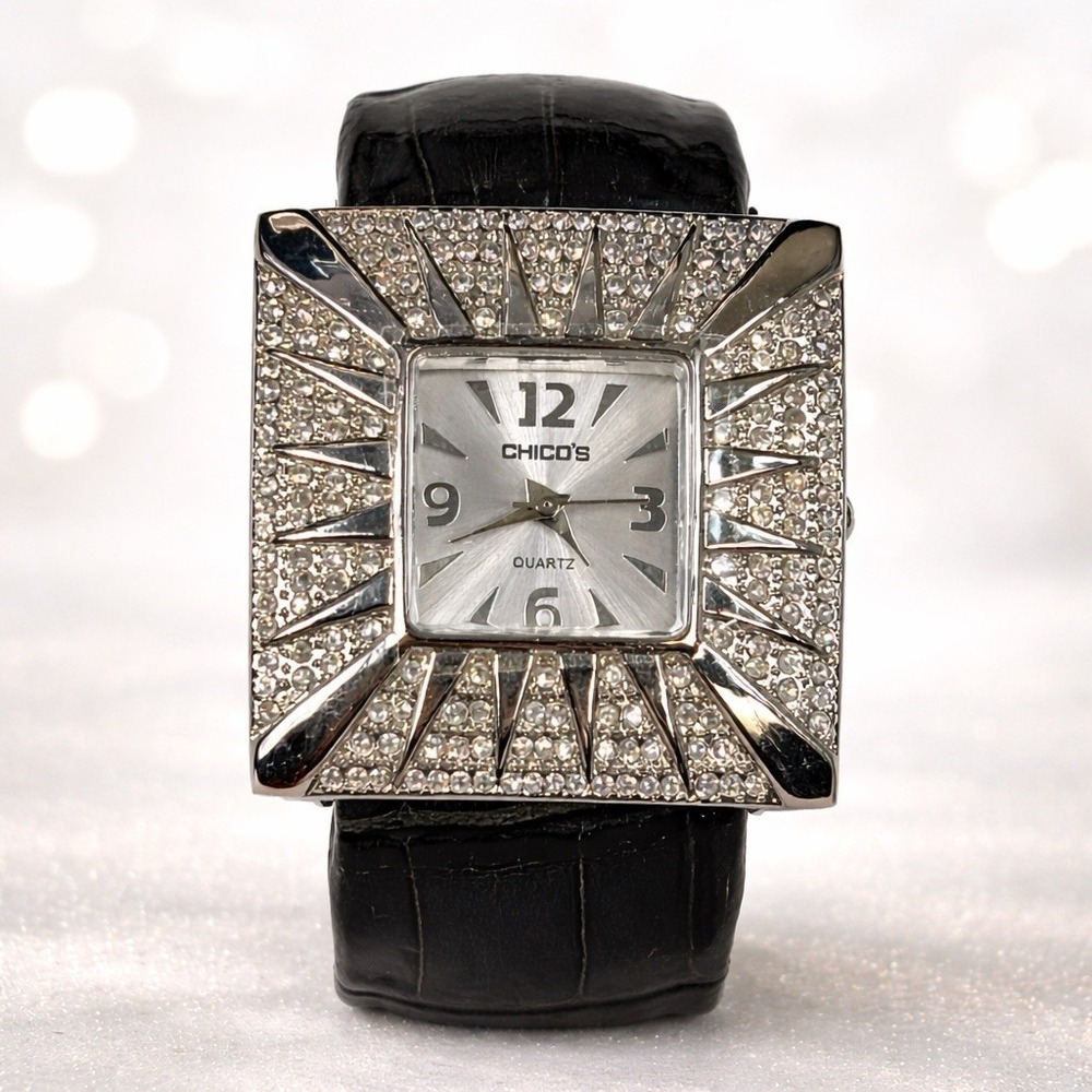 Chico's Women's Square Quartz Watch Rhinestone Bezel Black Band Not Tested